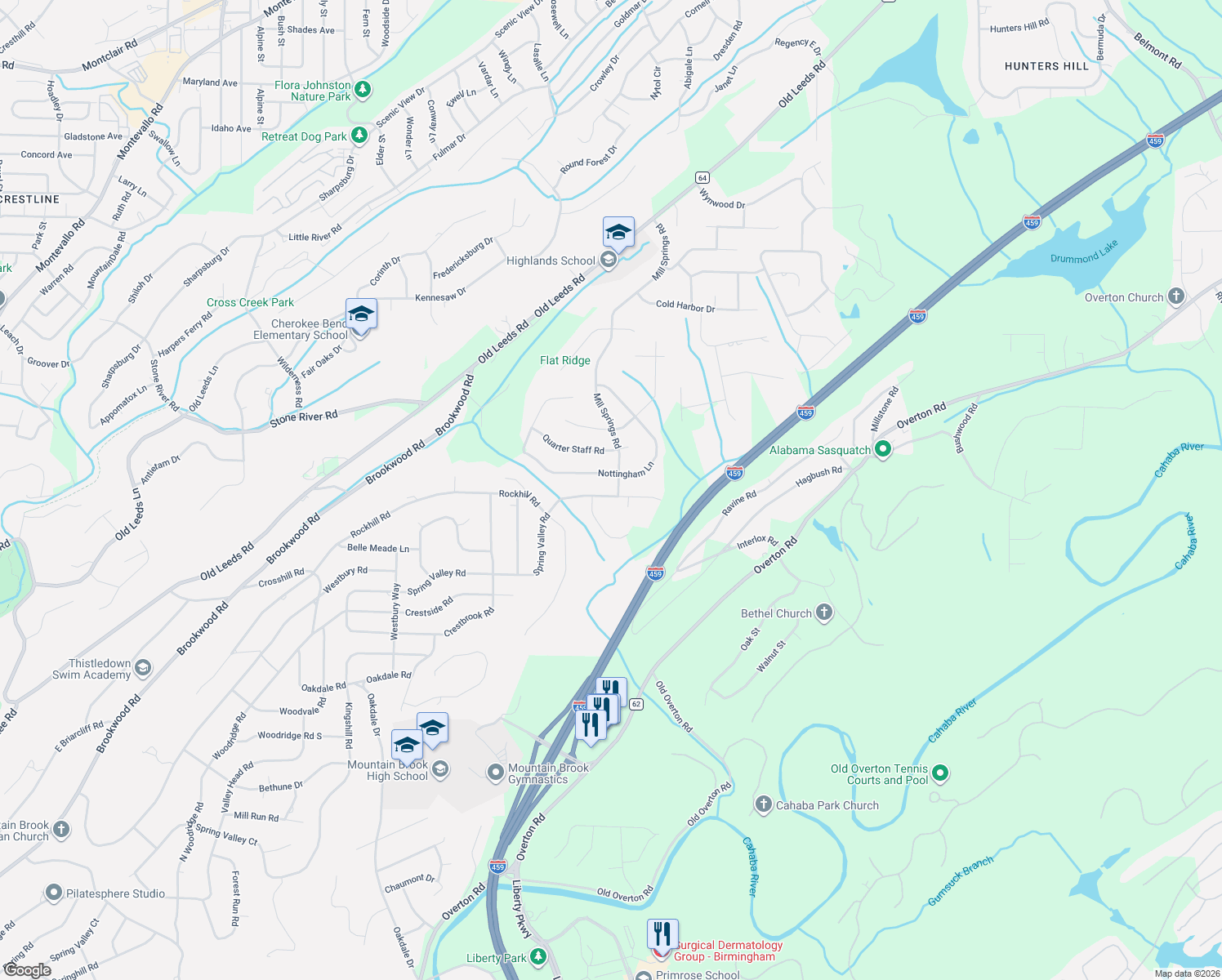 map of restaurants, bars, coffee shops, grocery stores, and more near 3913 Spring Valley Road in Birmingham