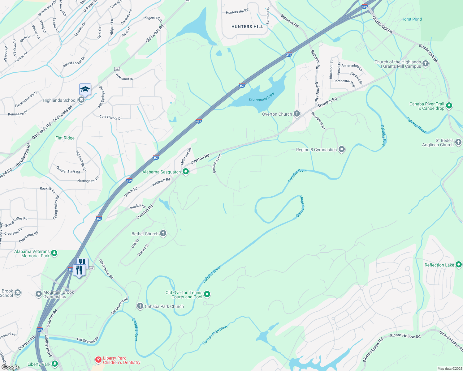 map of restaurants, bars, coffee shops, grocery stores, and more near 4239 Hillsedge Road in Birmingham