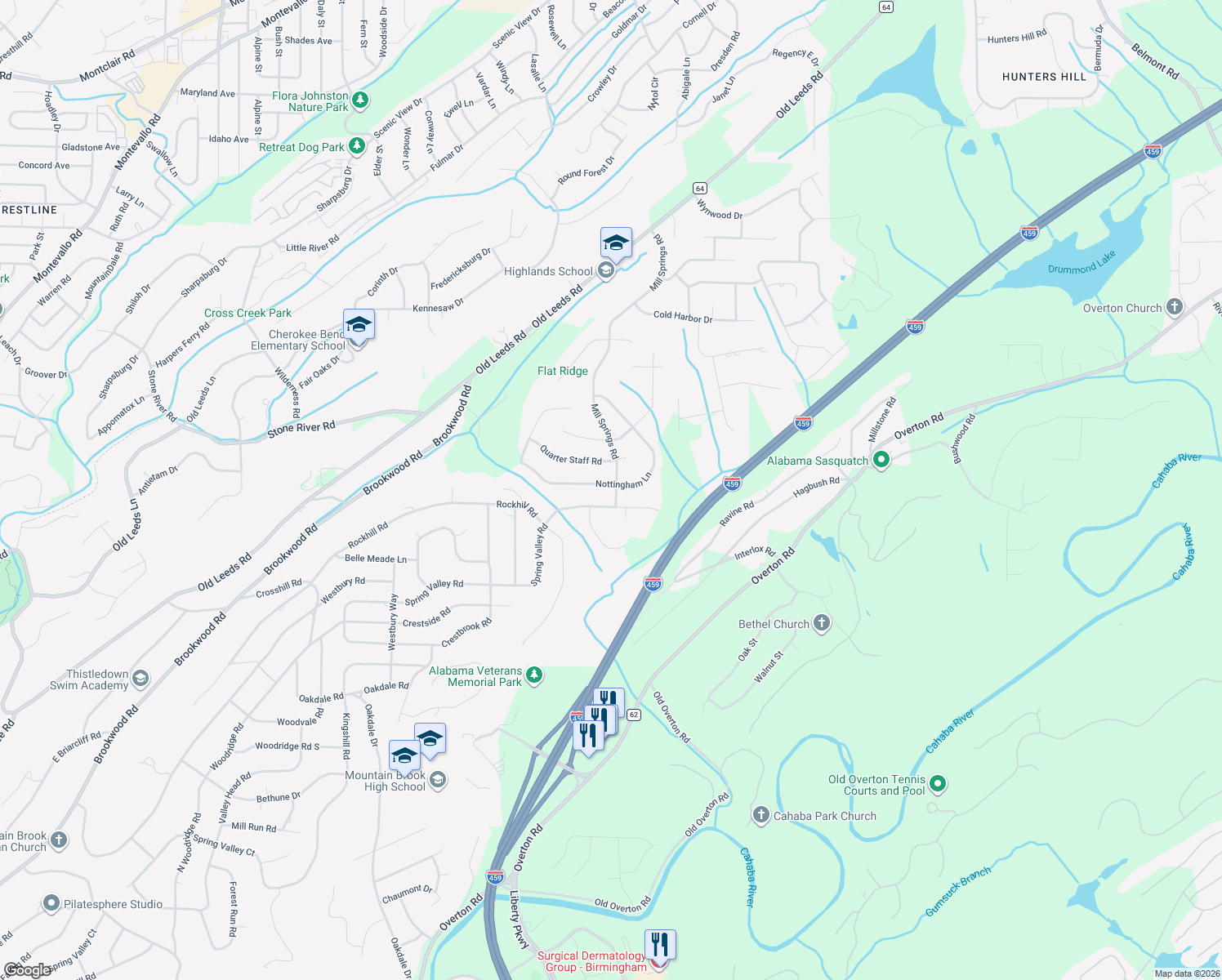 map of restaurants, bars, coffee shops, grocery stores, and more near 4901 Nottingham Lane in Birmingham