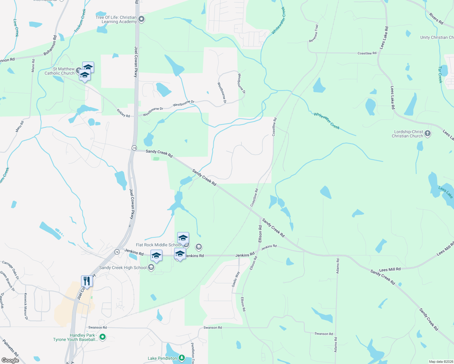 map of restaurants, bars, coffee shops, grocery stores, and more near 115 Waltham Way in Fayetteville