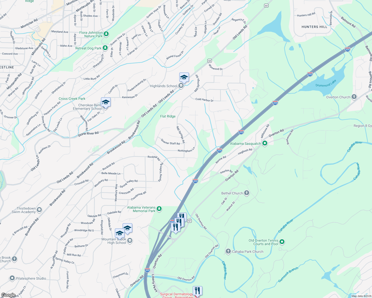 map of restaurants, bars, coffee shops, grocery stores, and more near 4901 Nottingham Lane in Birmingham