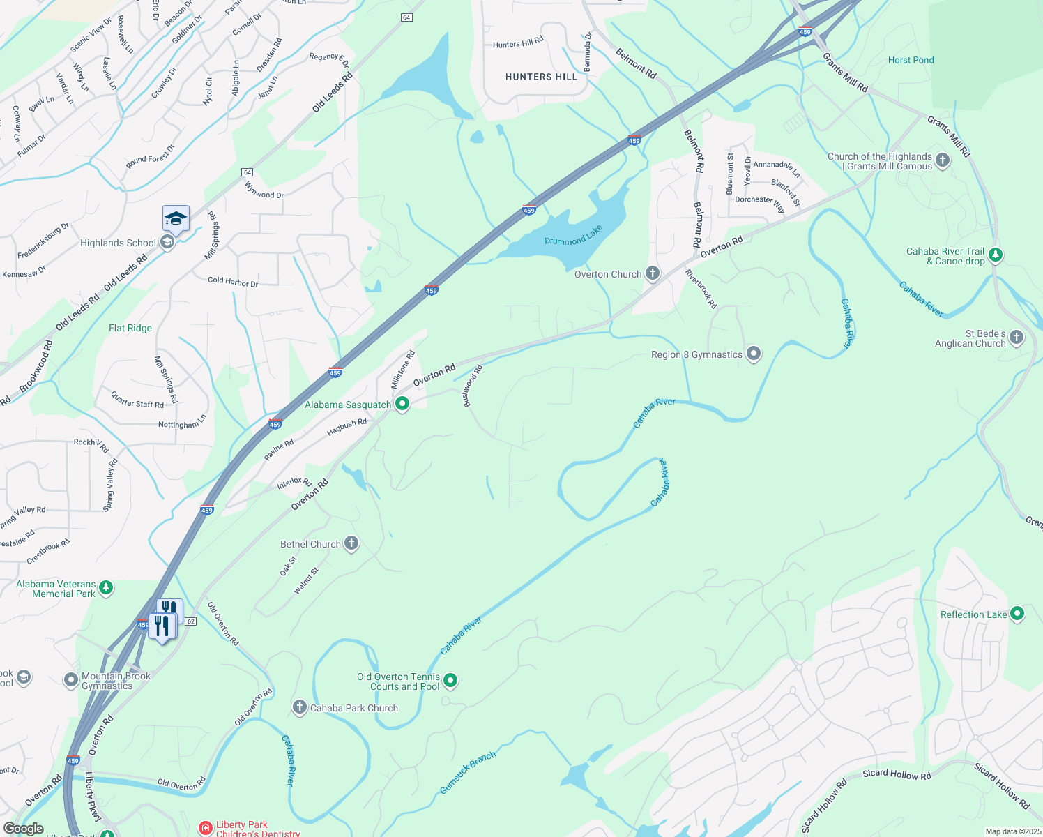 map of restaurants, bars, coffee shops, grocery stores, and more near 4239 Hillsedge Road in Birmingham