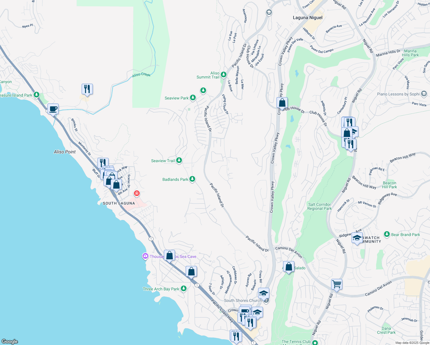 map of restaurants, bars, coffee shops, grocery stores, and more near 31561 Crystal Sands Drive in Laguna Niguel