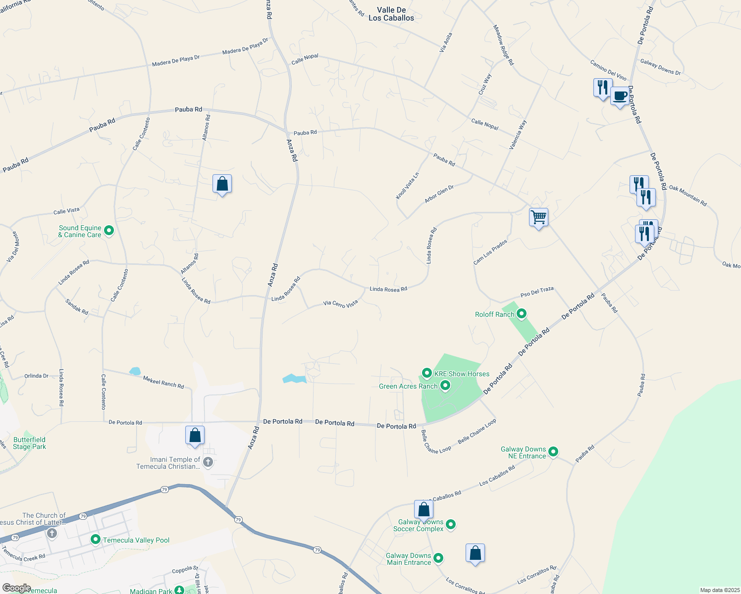 map of restaurants, bars, coffee shops, grocery stores, and more near 35445 Linda Rosea Road in Temecula