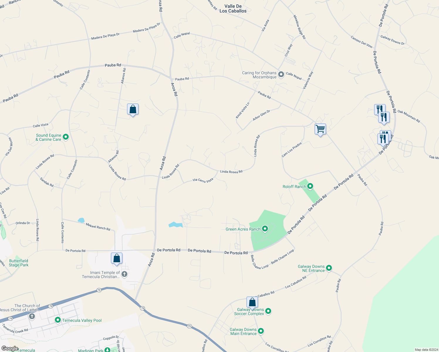 map of restaurants, bars, coffee shops, grocery stores, and more near 35445 Linda Rosea Road in Temecula