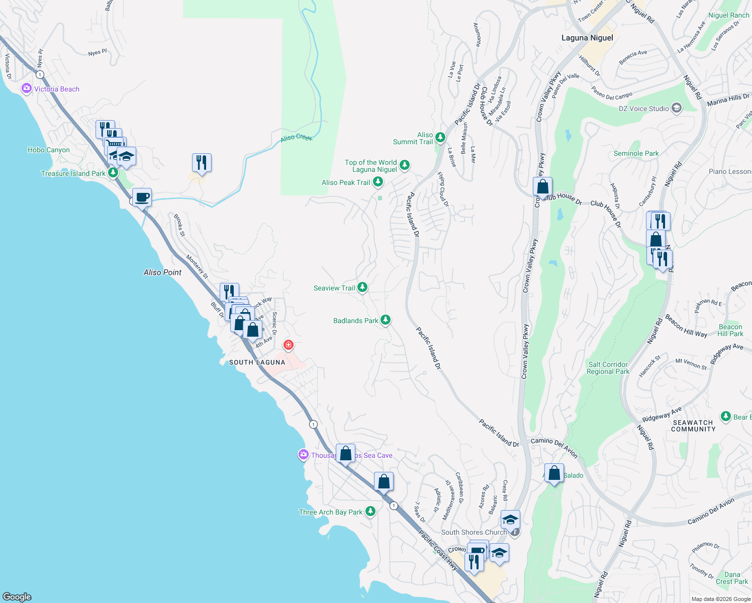 map of restaurants, bars, coffee shops, grocery stores, and more near 31552 Sea Shadows Way in Laguna Niguel