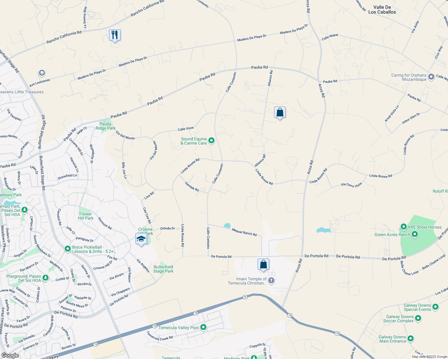 map of restaurants, bars, coffee shops, grocery stores, and more near 34210 Calle Sereno in Temecula