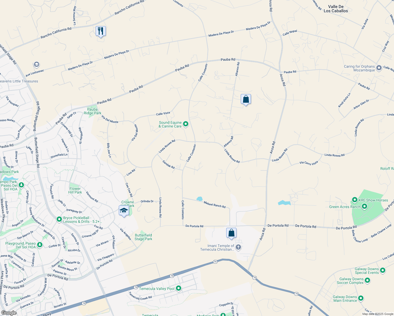 map of restaurants, bars, coffee shops, grocery stores, and more near 34210 Calle Sereno in Temecula