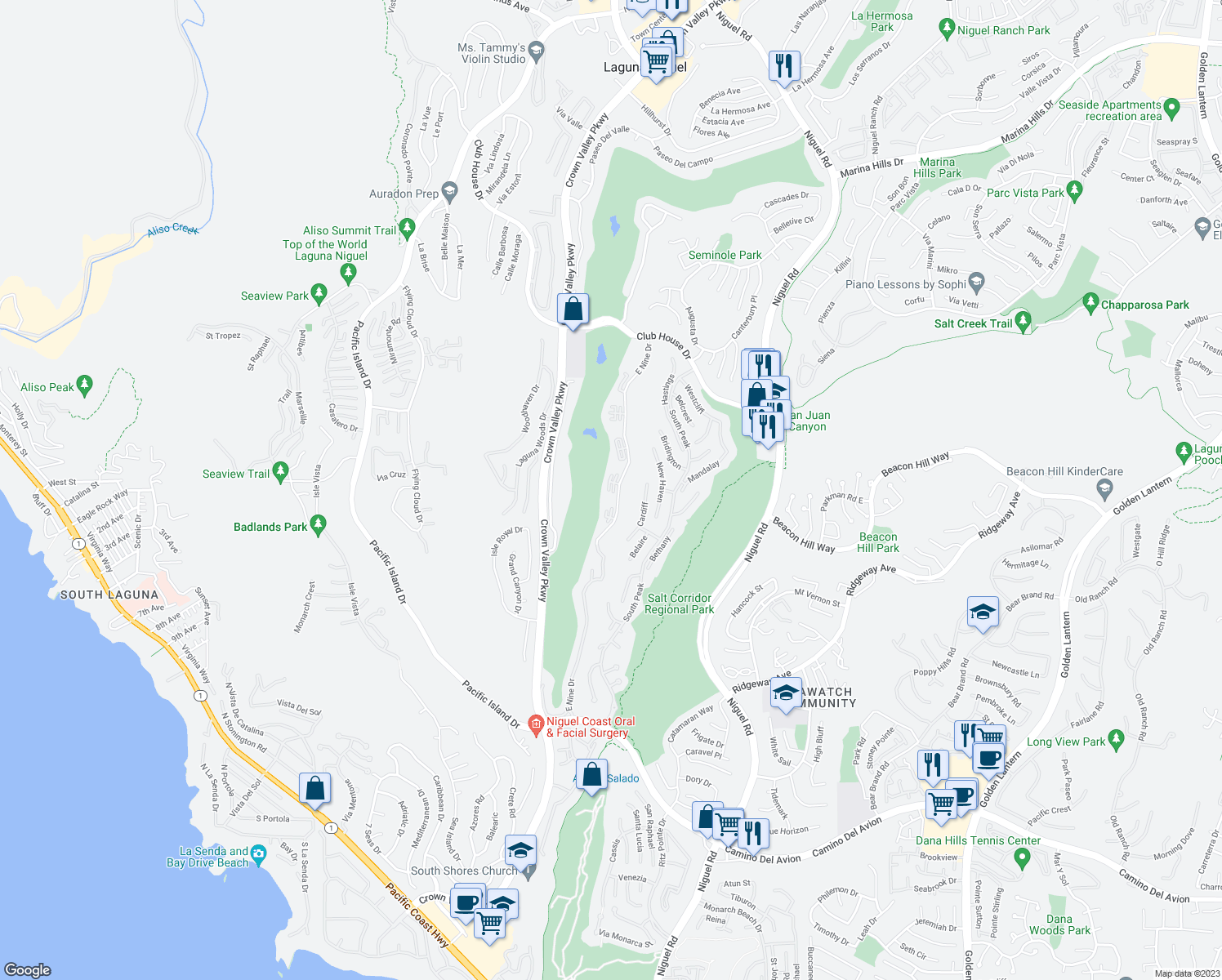 map of restaurants, bars, coffee shops, grocery stores, and more near 31505 East Nine Drive in Laguna Niguel