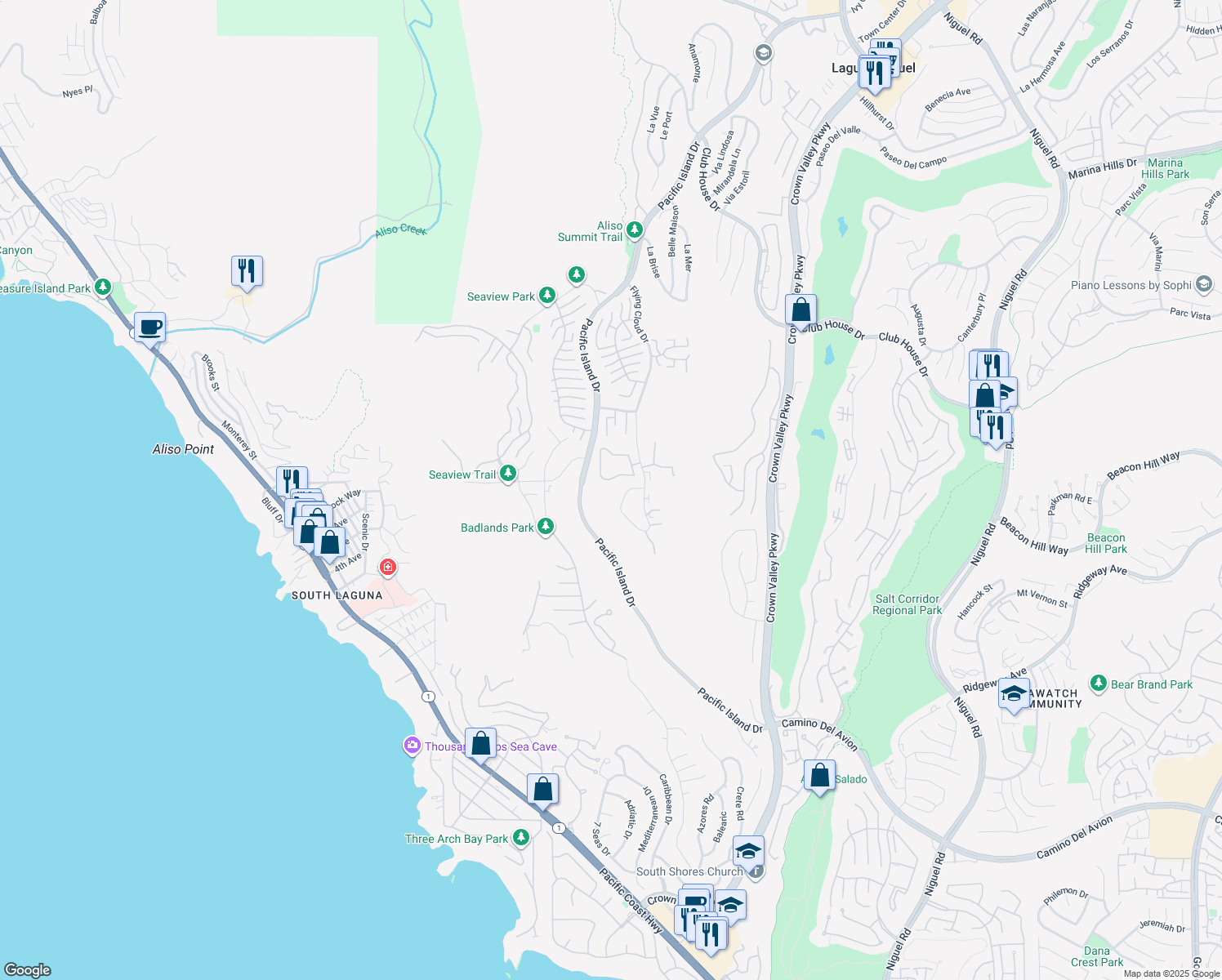 map of restaurants, bars, coffee shops, grocery stores, and more near 31511 Crystal Sands Drive in Laguna Niguel