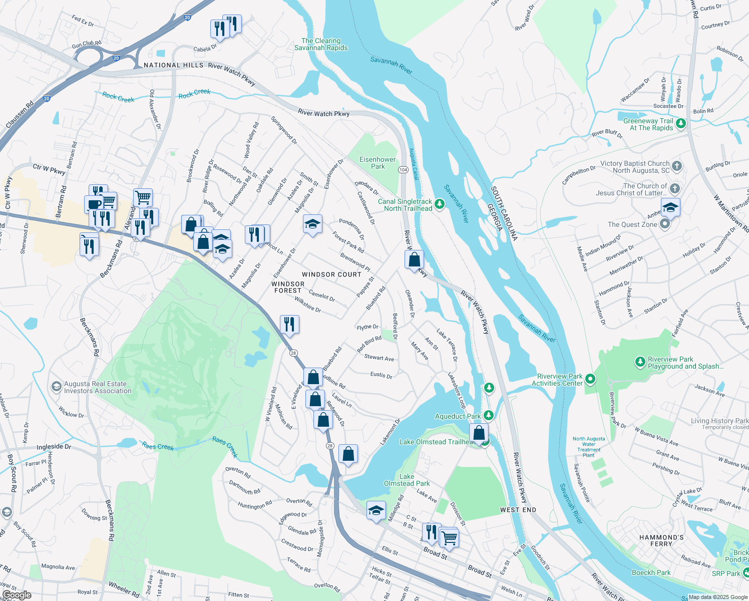 map of restaurants, bars, coffee shops, grocery stores, and more near 921 Bluebird Road in Augusta