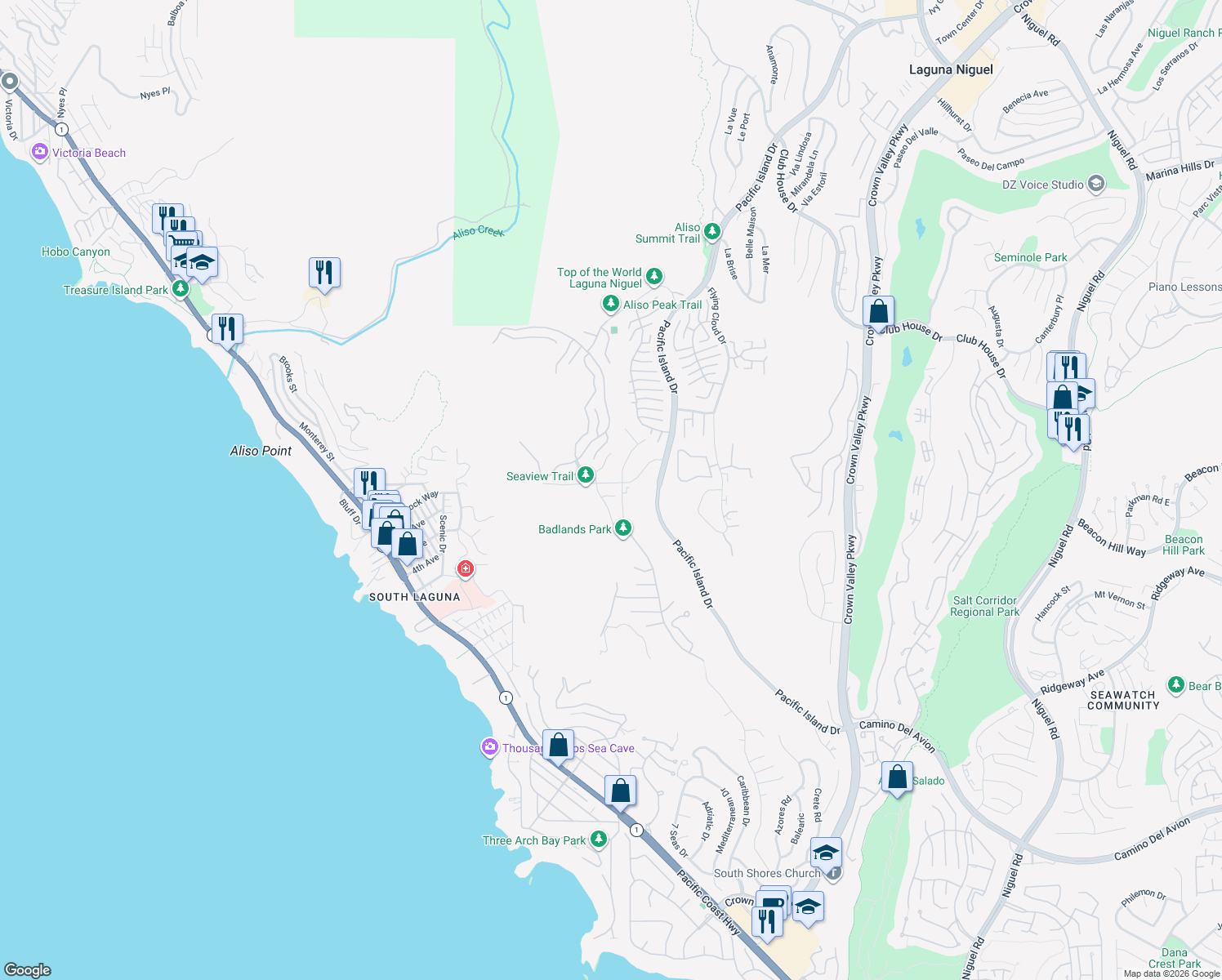 map of restaurants, bars, coffee shops, grocery stores, and more near 22711 Las Brisas Circle in Laguna Niguel