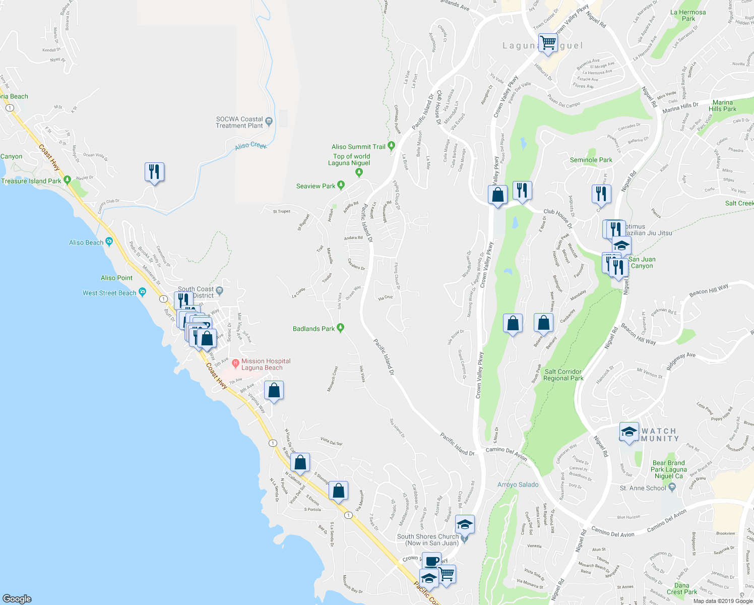 map of restaurants, bars, coffee shops, grocery stores, and more near 22912 Via Cruz in Laguna Niguel