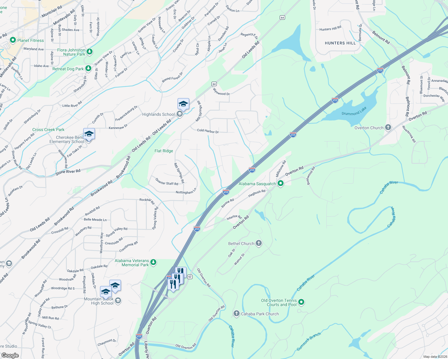 map of restaurants, bars, coffee shops, grocery stores, and more near 3931 Rock Creek Drive in Birmingham