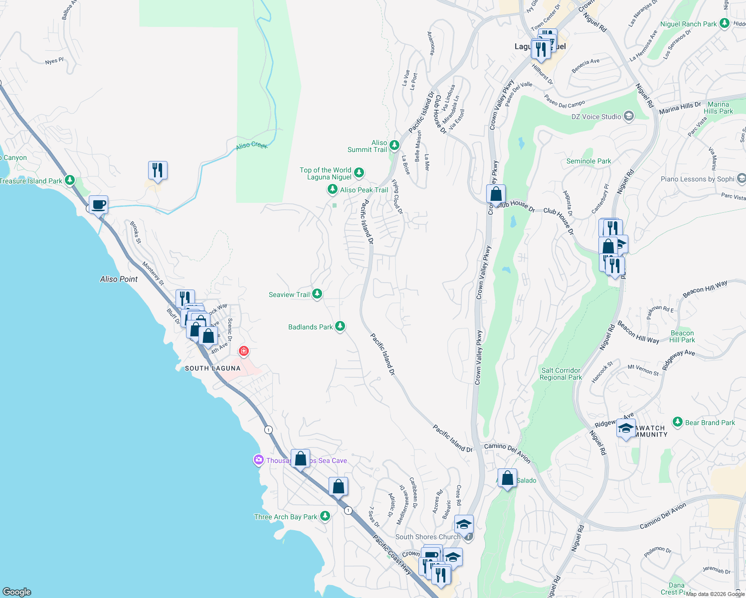 map of restaurants, bars, coffee shops, grocery stores, and more near 22902 Via Cruz in Laguna Niguel