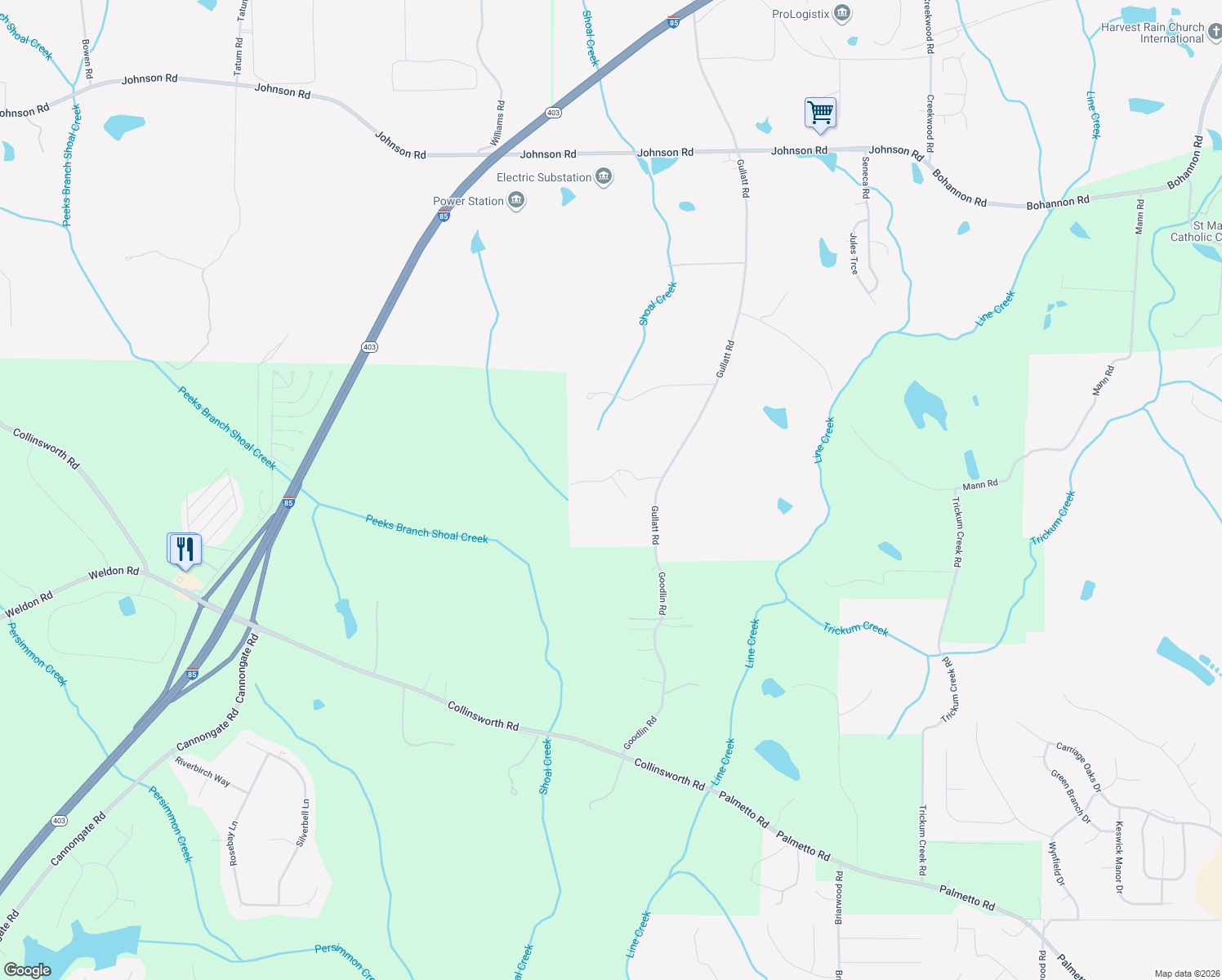 map of restaurants, bars, coffee shops, grocery stores, and more near 9255 Gullatt Road in Palmetto