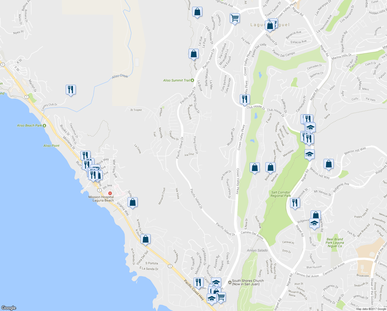 map of restaurants, bars, coffee shops, grocery stores, and more near 23002 Via Cruz in Laguna Niguel