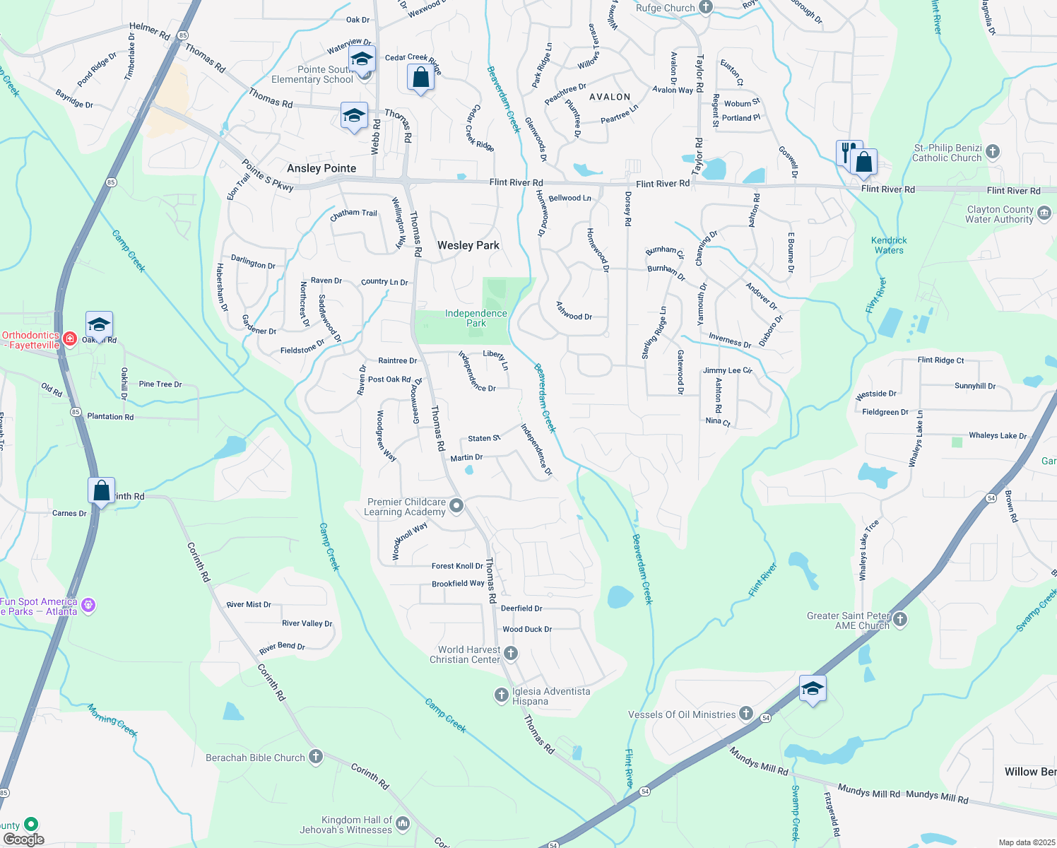 map of restaurants, bars, coffee shops, grocery stores, and more near 285 Independence Drive in Jonesboro