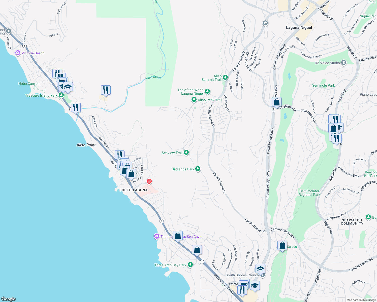 map of restaurants, bars, coffee shops, grocery stores, and more near 31516 Sea Shadows Way in Laguna Niguel