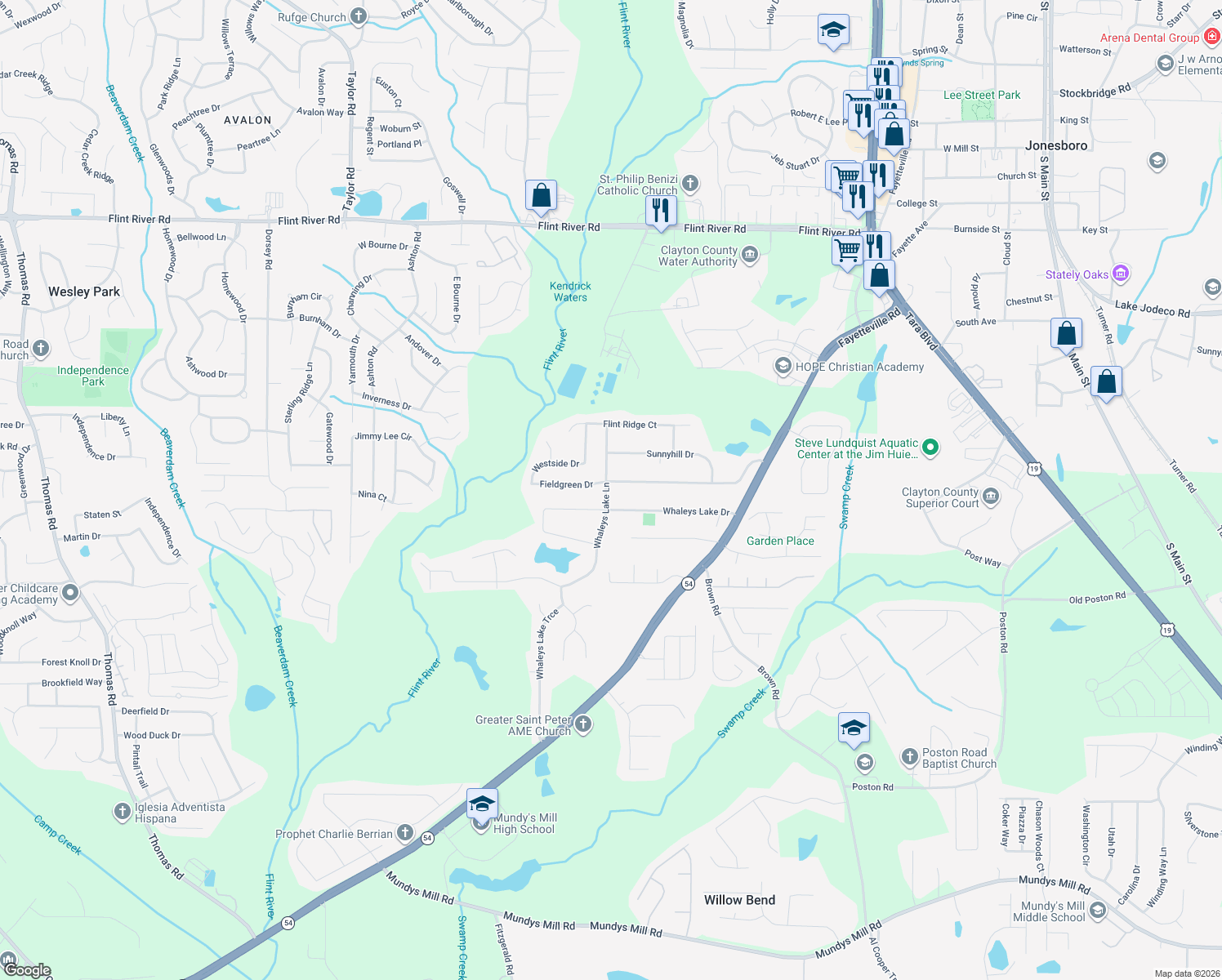 map of restaurants, bars, coffee shops, grocery stores, and more near 445 Fieldgreen Drive in Jonesboro