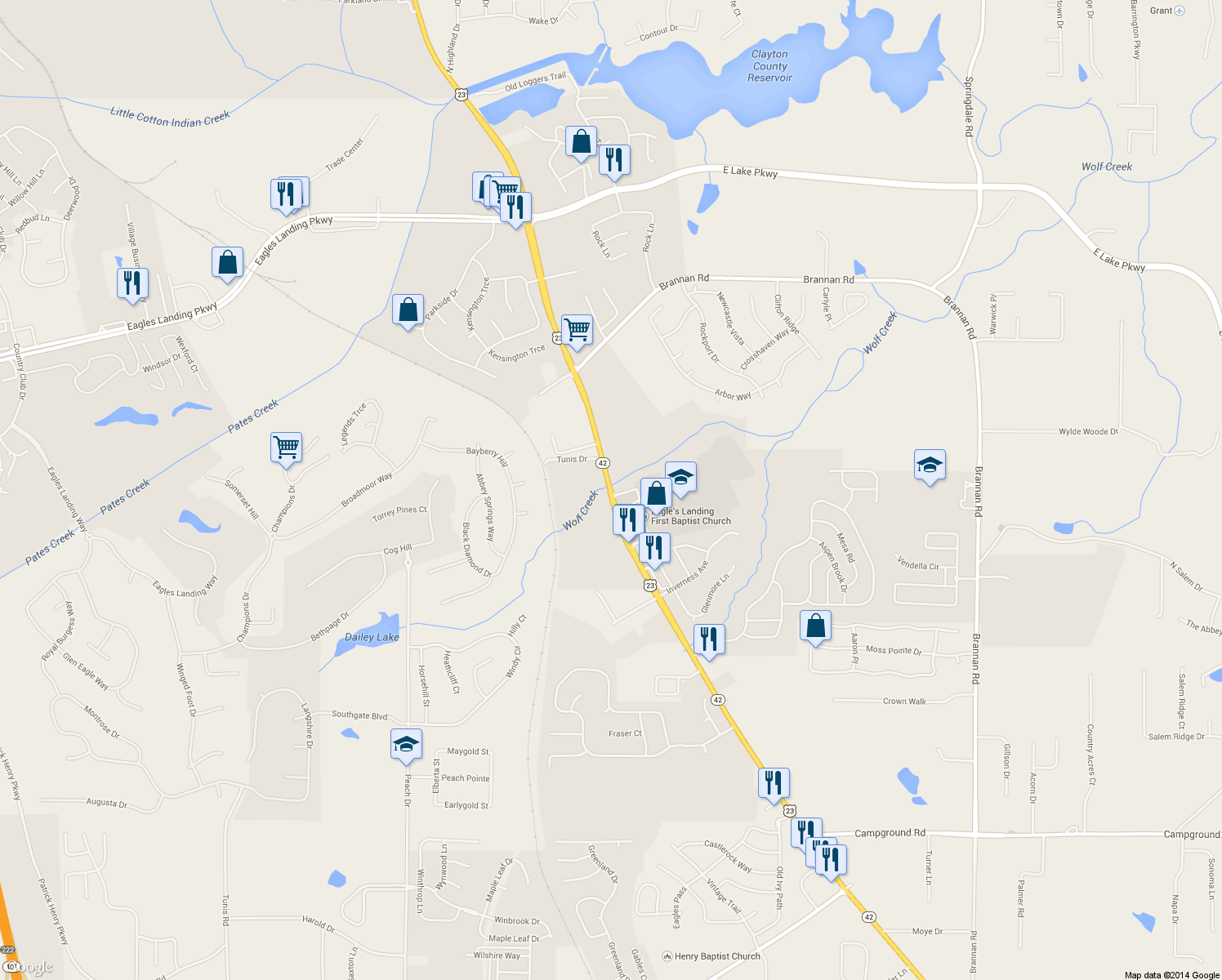 map of restaurants, bars, coffee shops, grocery stores, and more near 2400 Highway 42 in McDonough