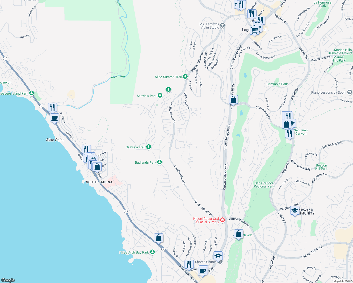 map of restaurants, bars, coffee shops, grocery stores, and more near 31406 Paseo De La Playa in Laguna Niguel