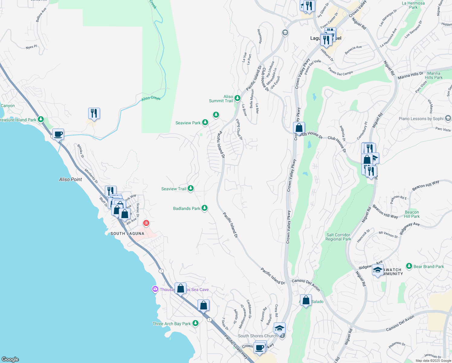 map of restaurants, bars, coffee shops, grocery stores, and more near 31406 Paseo De La Playa in Laguna Niguel