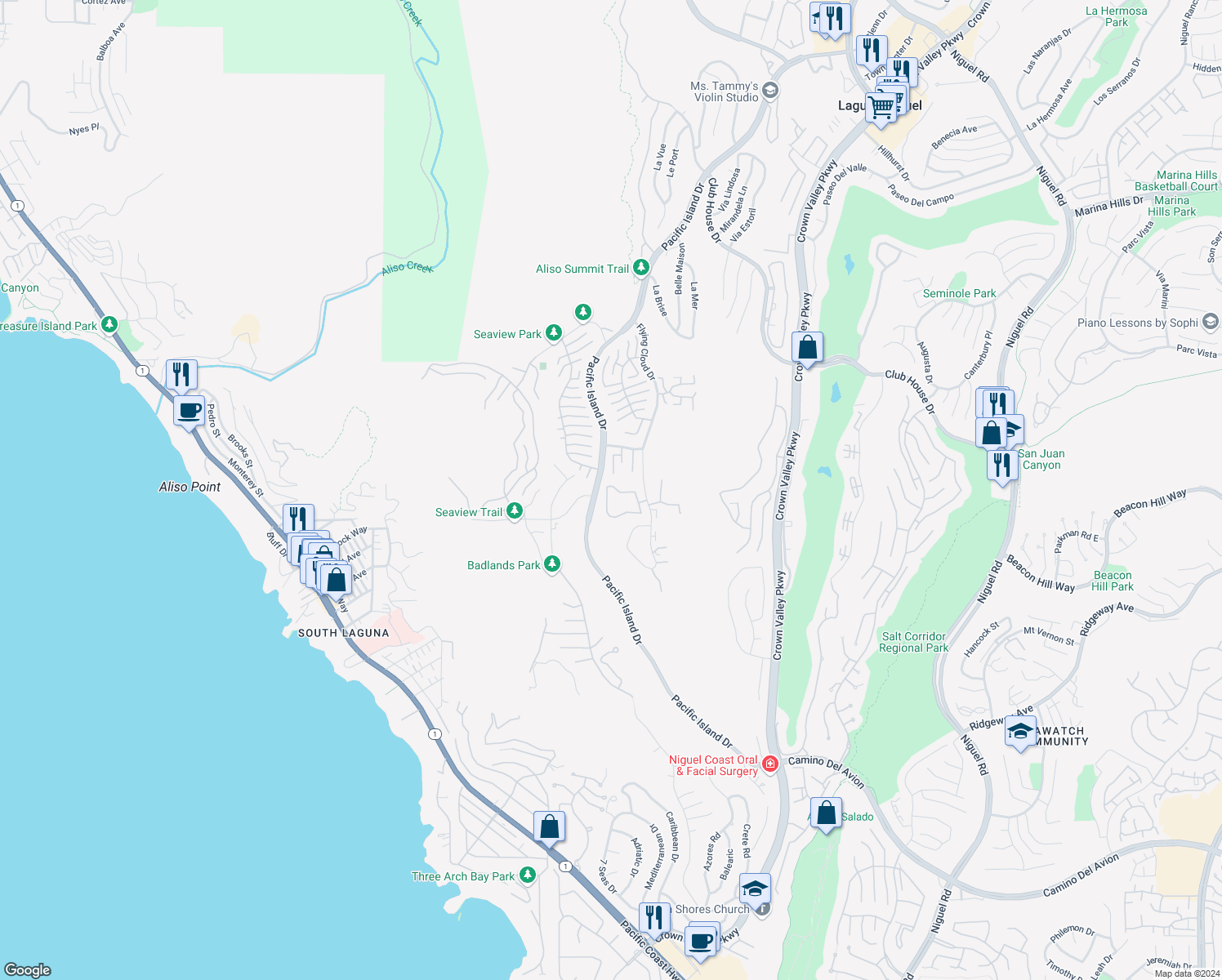 map of restaurants, bars, coffee shops, grocery stores, and more near 31402 Paseo De La Playa in Laguna Niguel