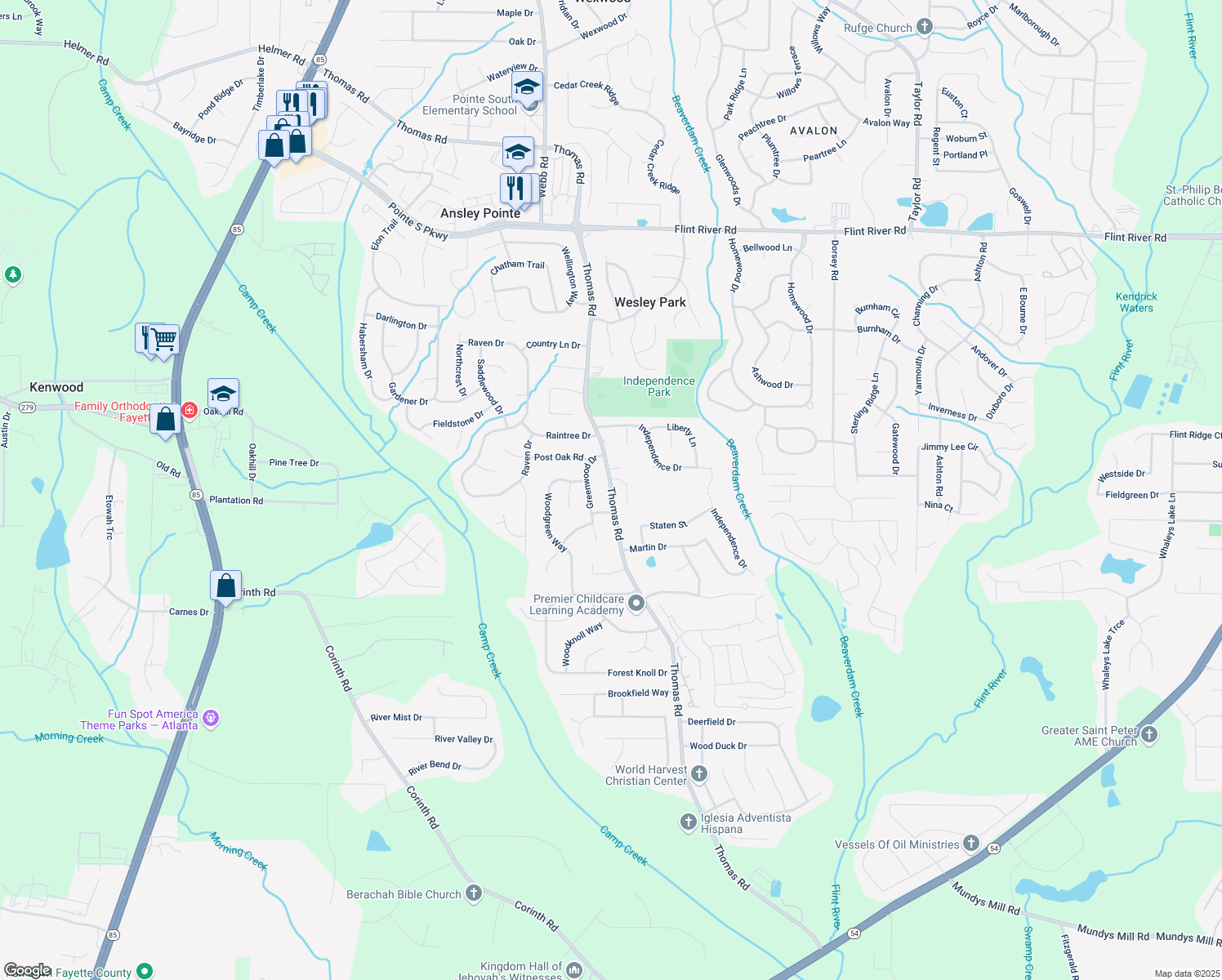 map of restaurants, bars, coffee shops, grocery stores, and more near Thomas Road in Clayton County