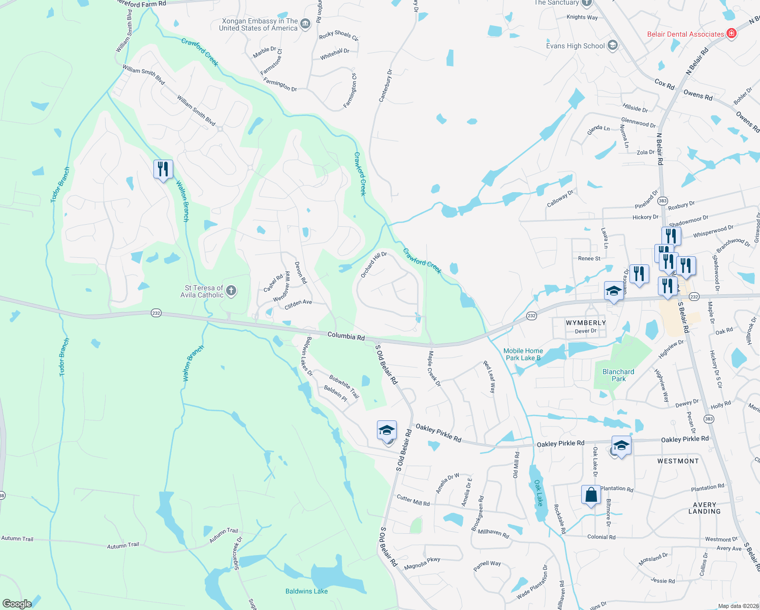 map of restaurants, bars, coffee shops, grocery stores, and more near 4795 Orchard Hill Drive in Grovetown