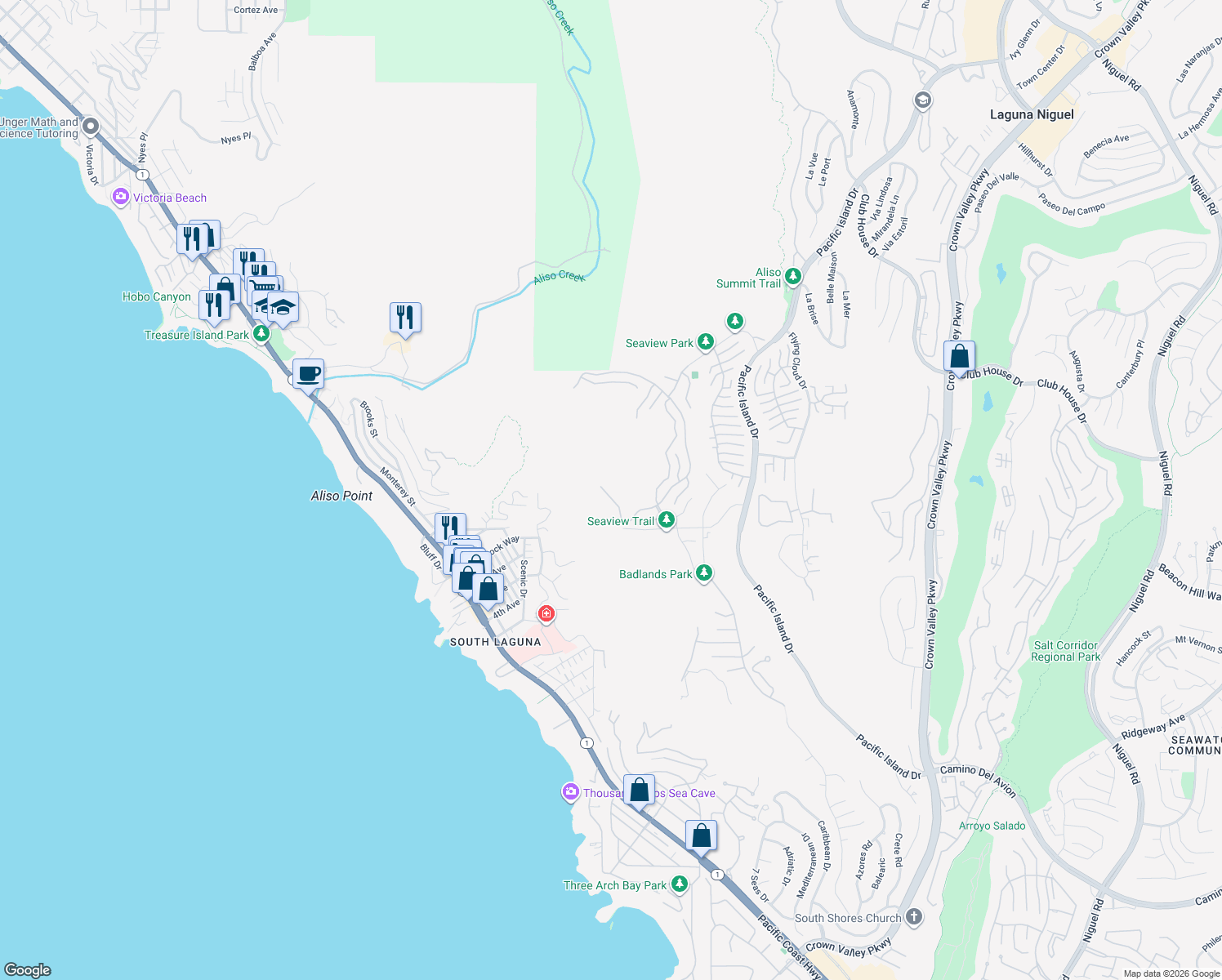 map of restaurants, bars, coffee shops, grocery stores, and more near 5 Le Conte in Laguna Niguel