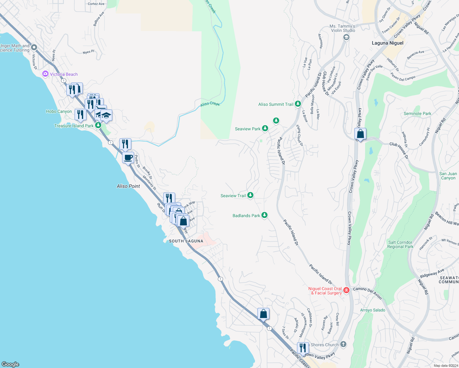 map of restaurants, bars, coffee shops, grocery stores, and more near 5 Le Conte in Laguna Niguel