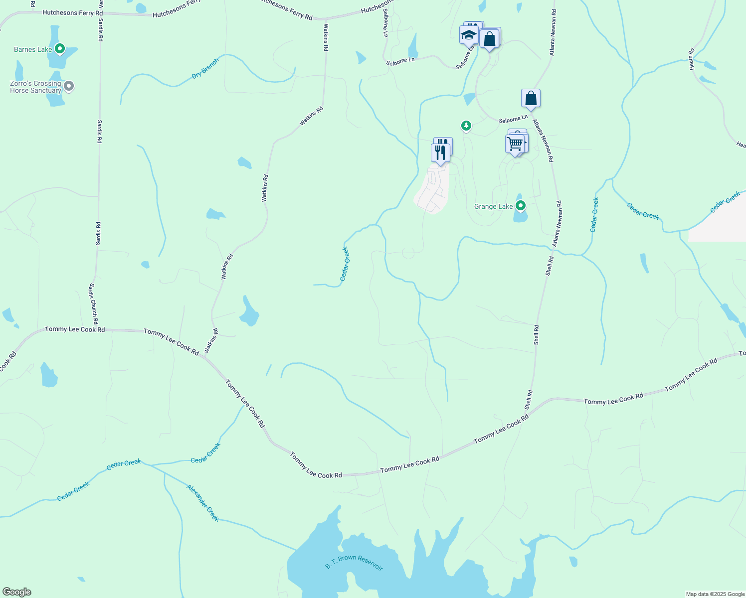 map of restaurants, bars, coffee shops, grocery stores, and more near 11863 Serenbe Lane in Chattahoochee Hills