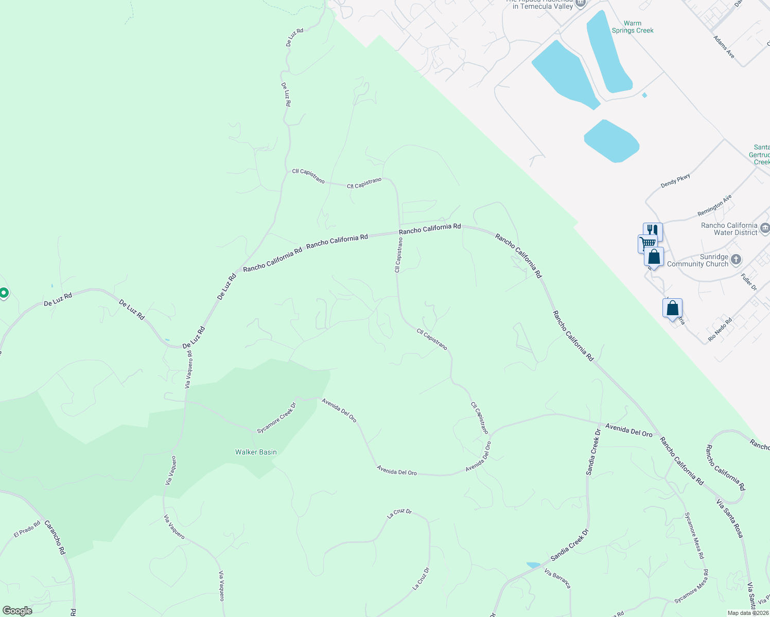 map of restaurants, bars, coffee shops, grocery stores, and more near 26135 Calle Corveta in Temecula