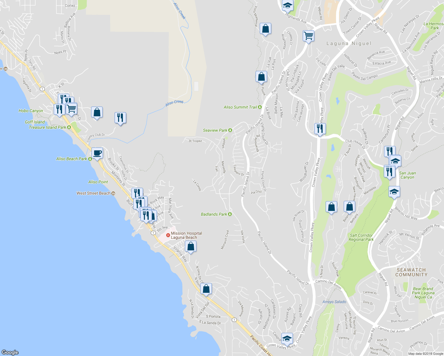 map of restaurants, bars, coffee shops, grocery stores, and more near 8 Toulon in Laguna Niguel