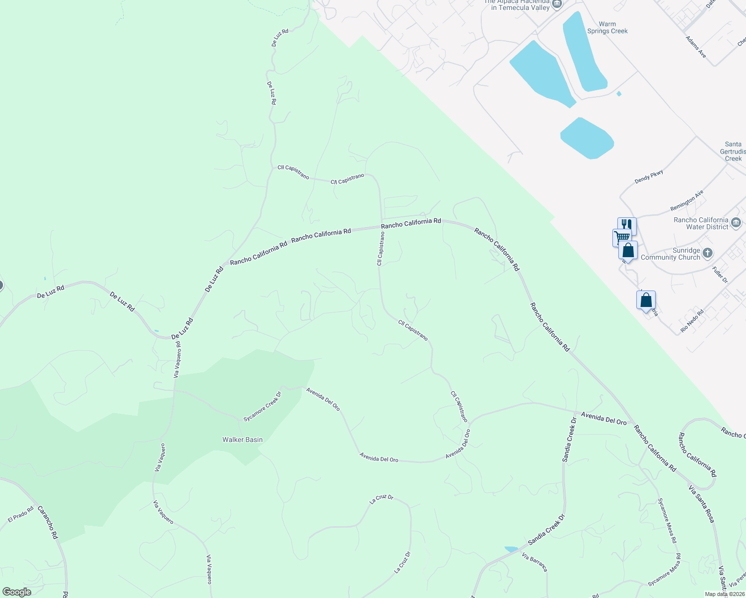 map of restaurants, bars, coffee shops, grocery stores, and more near 26135 Calle Corveta in Temecula