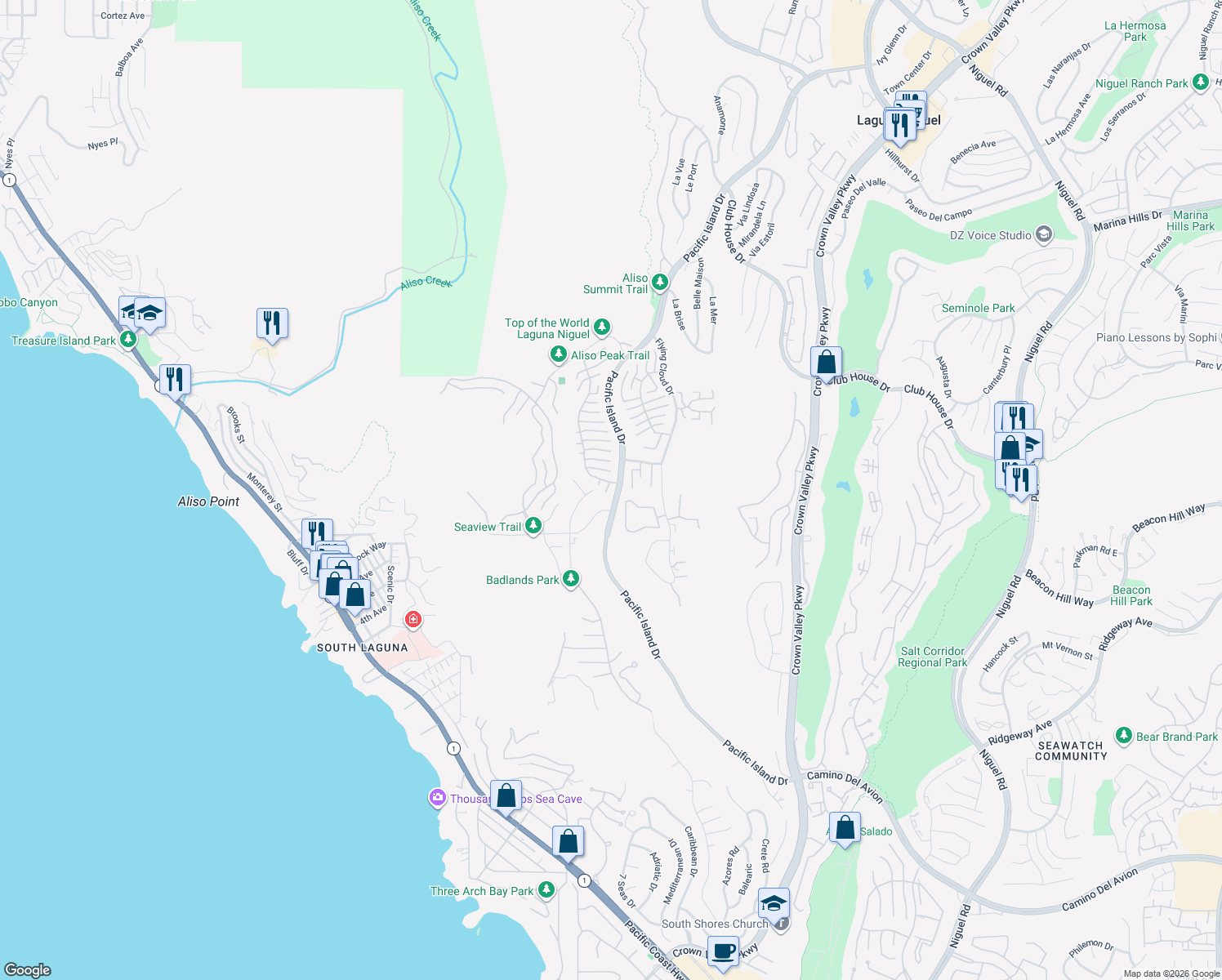 map of restaurants, bars, coffee shops, grocery stores, and more near 31362 Abanita Way in Laguna Niguel