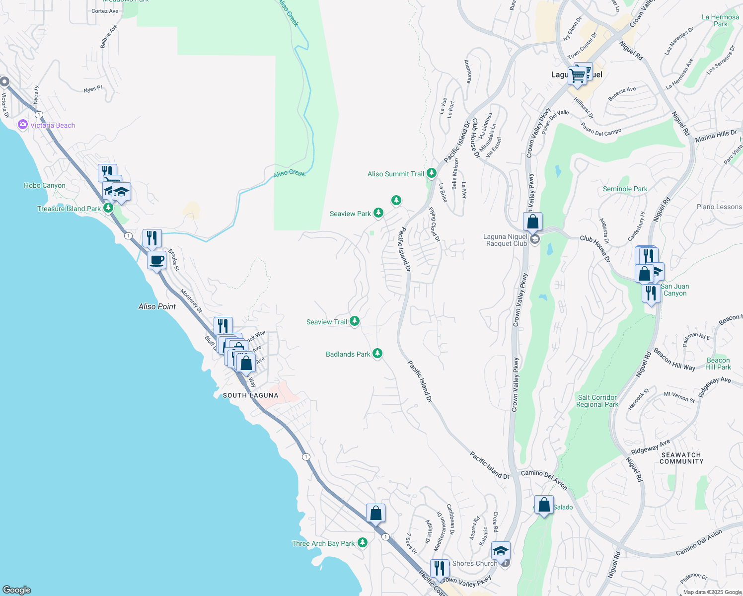 map of restaurants, bars, coffee shops, grocery stores, and more near 8 Toulon in Laguna Niguel