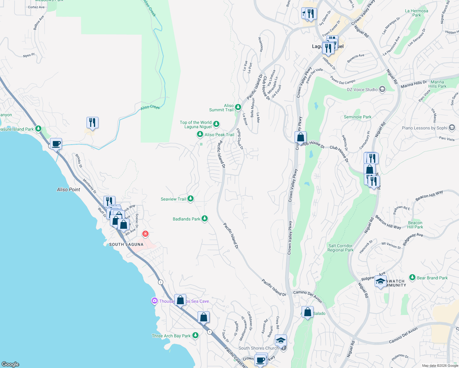 map of restaurants, bars, coffee shops, grocery stores, and more near 31402 Paseo De La Playa in Laguna Niguel