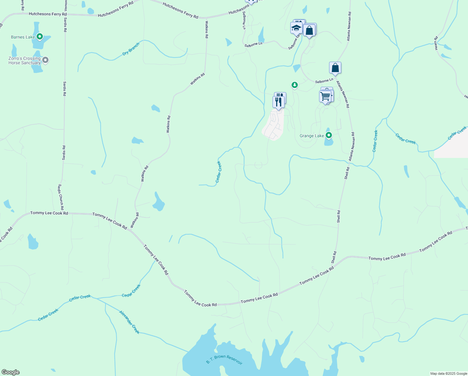 map of restaurants, bars, coffee shops, grocery stores, and more near 11821 Serenbe Lane in Chattahoochee Hills