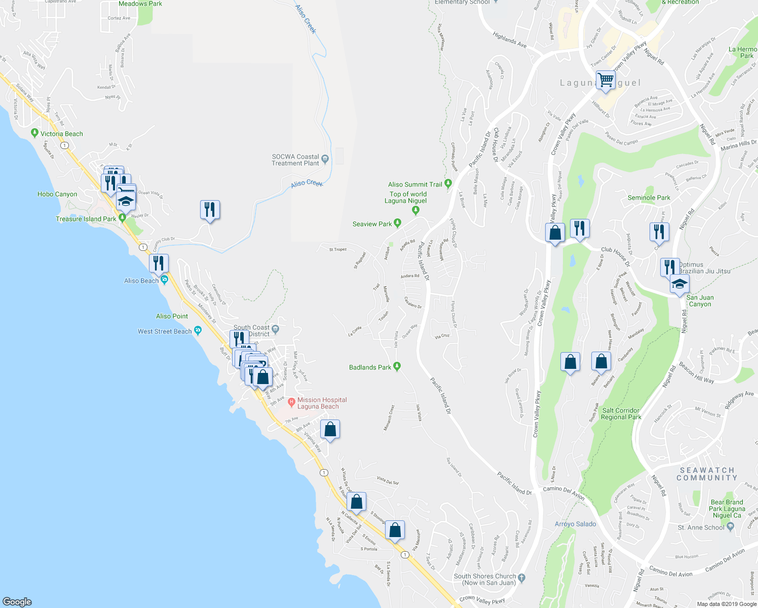 map of restaurants, bars, coffee shops, grocery stores, and more near 23 Saint Maxime in Laguna Niguel