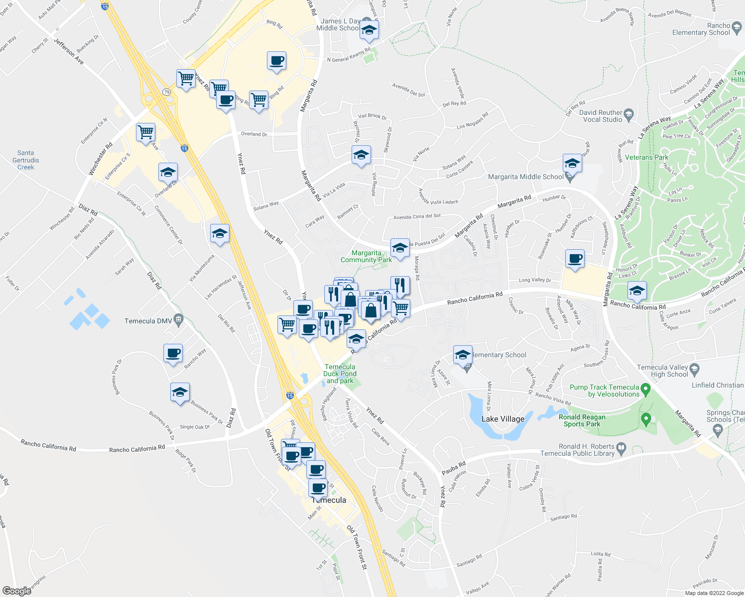 map of restaurants, bars, coffee shops, grocery stores, and more near 42140 Lyndie Lane in Temecula