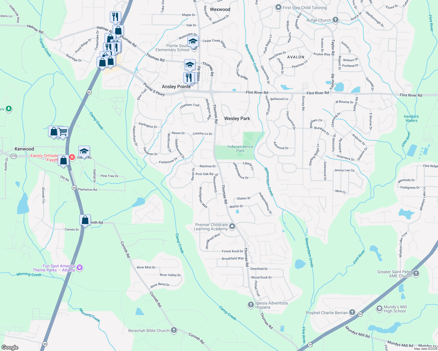 map of restaurants, bars, coffee shops, grocery stores, and more near 9069 Thomas Road in Jonesboro