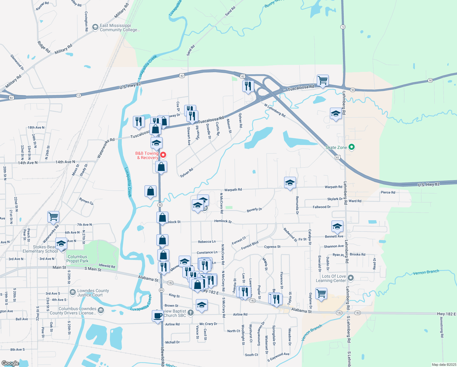 map of restaurants, bars, coffee shops, grocery stores, and more near 902 Tallaha Dr in Columbus