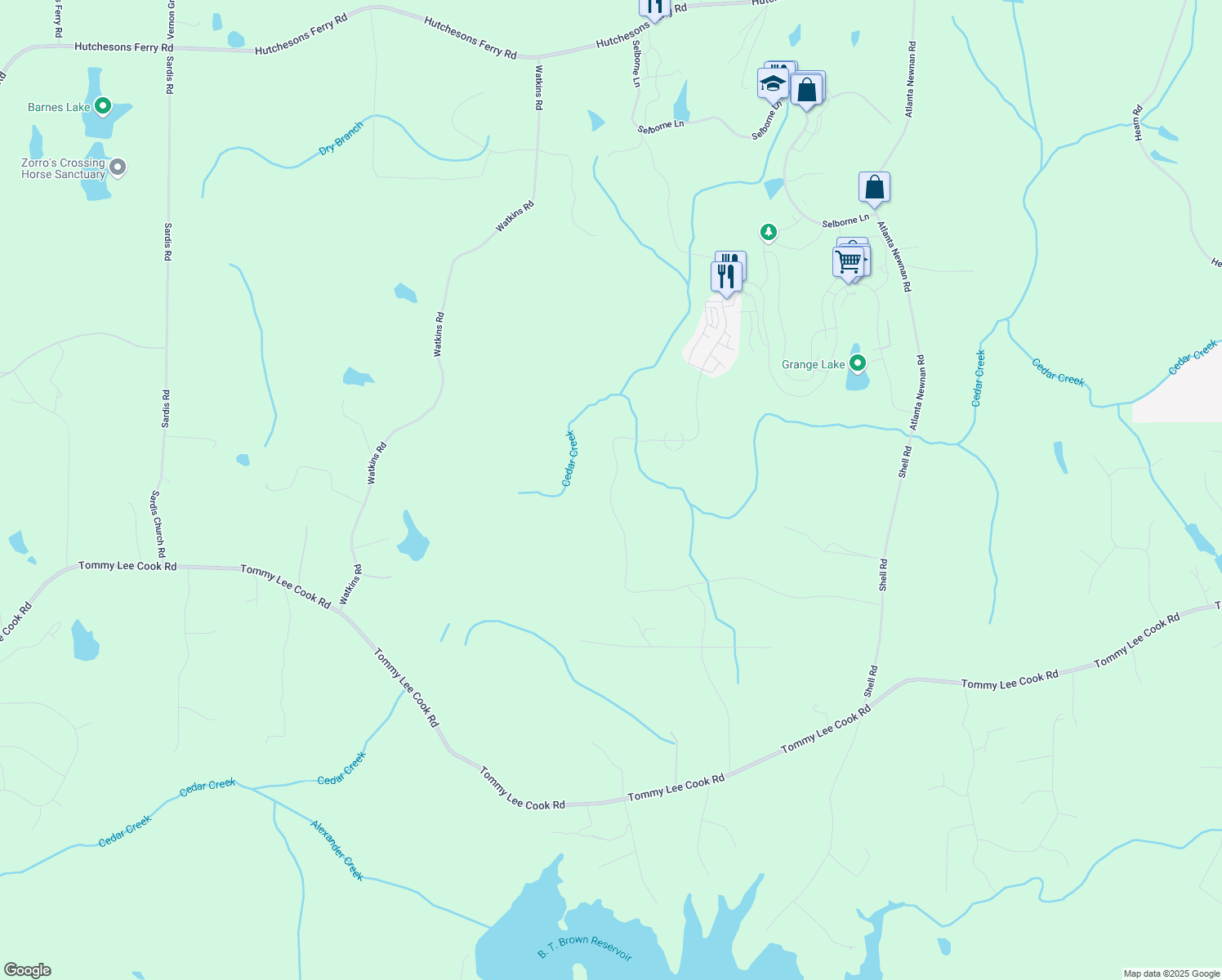map of restaurants, bars, coffee shops, grocery stores, and more near 11798 Serenbe Lane in Chattahoochee Hills