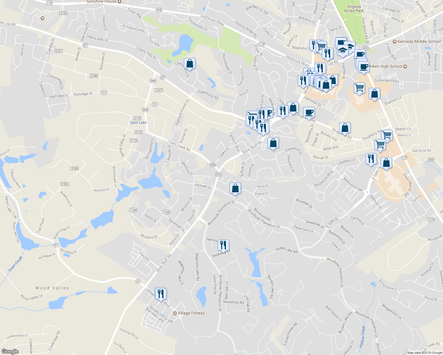 map of restaurants, bars, coffee shops, grocery stores, and more near 105 Rutherford Place in Aiken