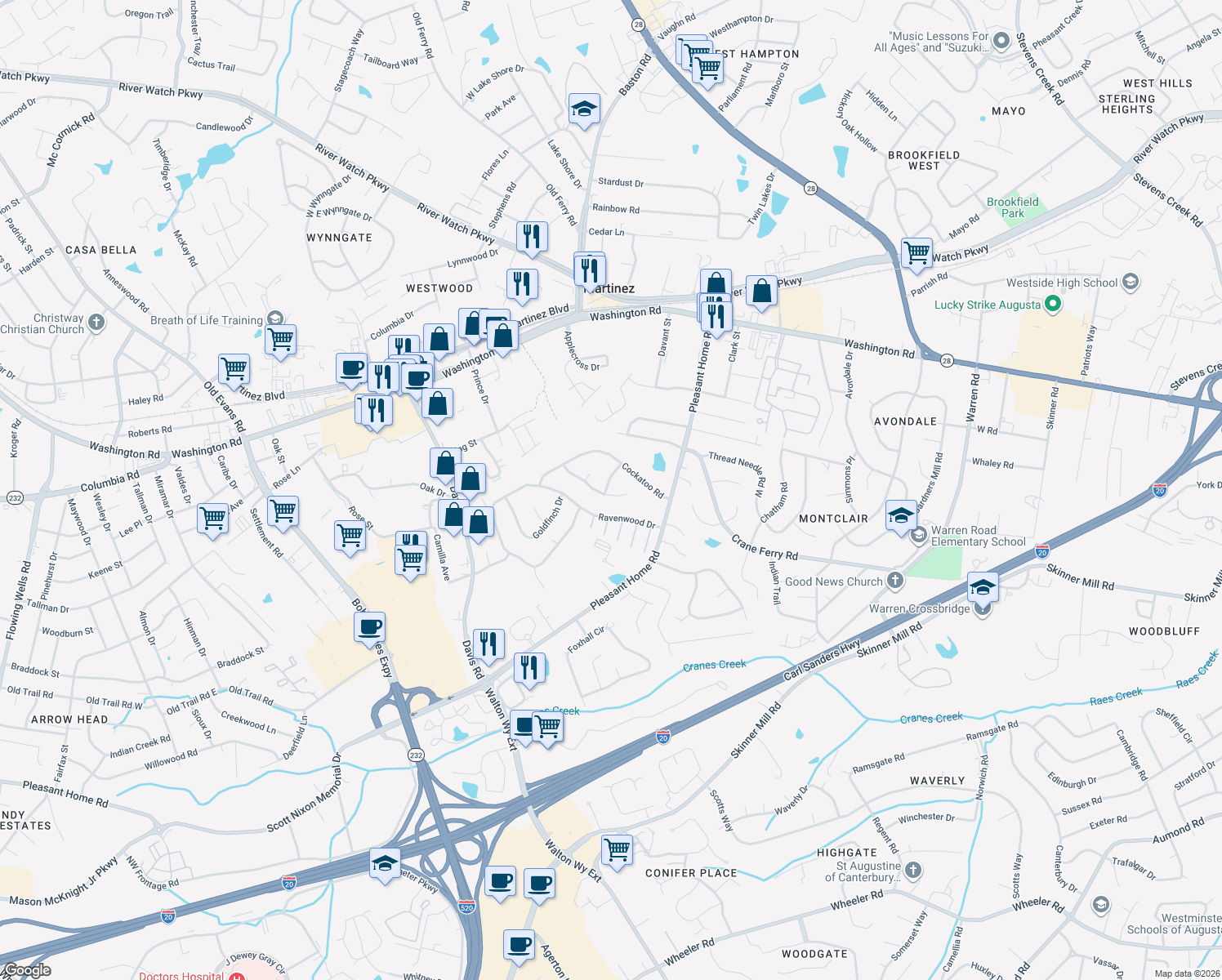 map of restaurants, bars, coffee shops, grocery stores, and more near 308 Skylark Road in Augusta