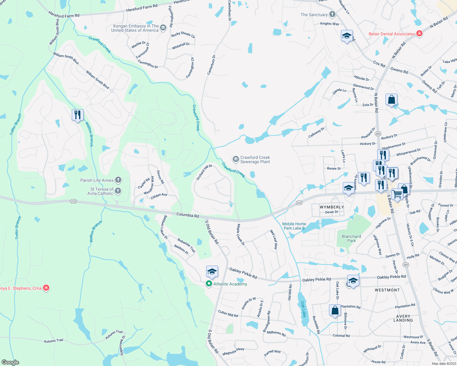 map of restaurants, bars, coffee shops, grocery stores, and more near 4907 Orchard Hill Drive in Grovetown