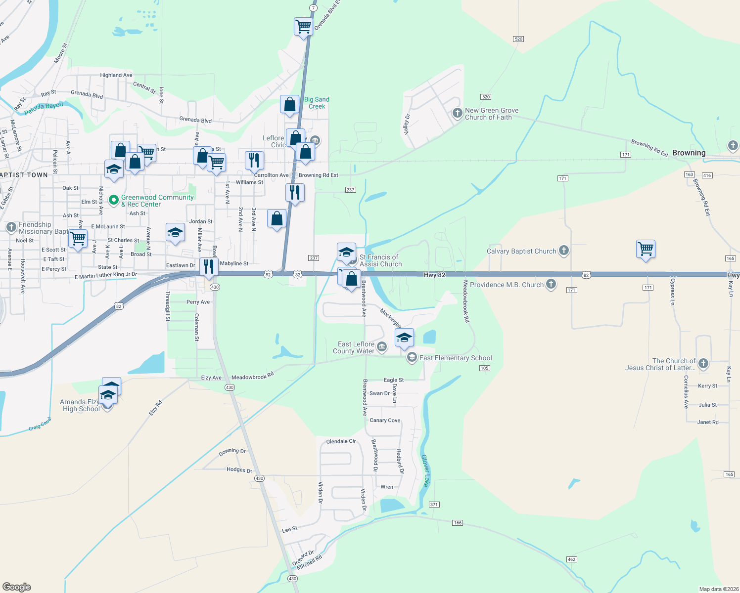 map of restaurants, bars, coffee shops, grocery stores, and more near 517 Brentwood Avenue in Greenwood