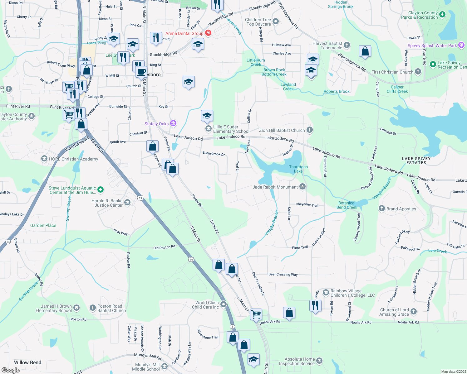 map of restaurants, bars, coffee shops, grocery stores, and more near 9035 Teal Lane in Jonesboro